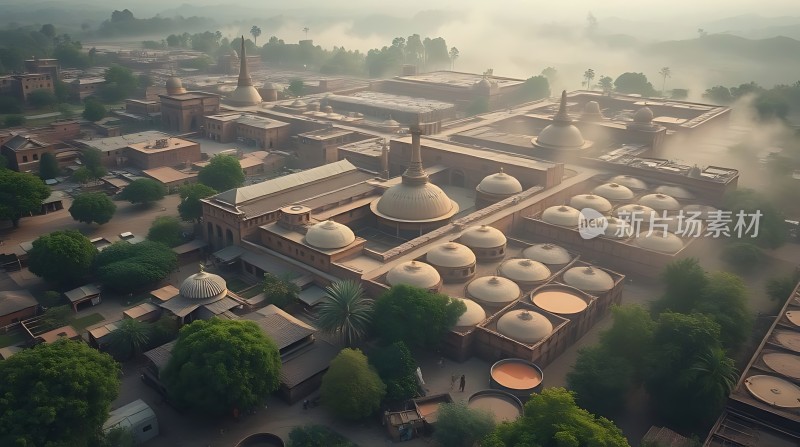 晨雾中的古老建筑群