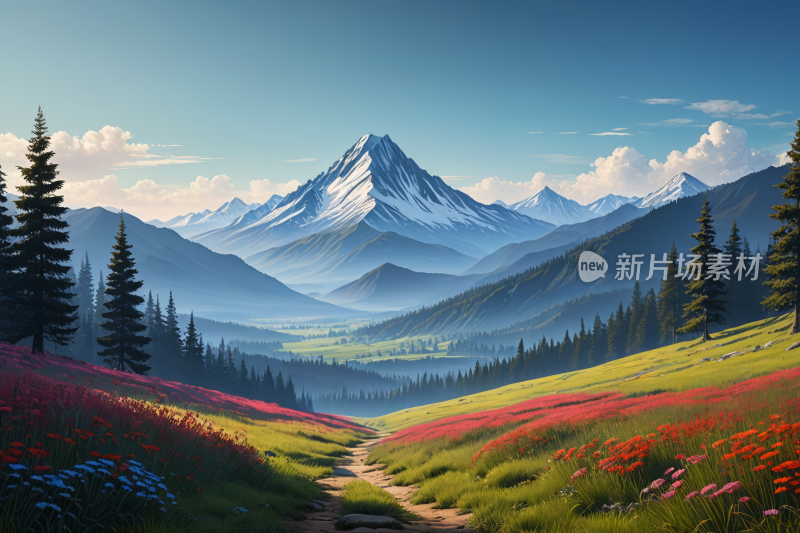 有通往山谷的小路山景高清风景插画图片