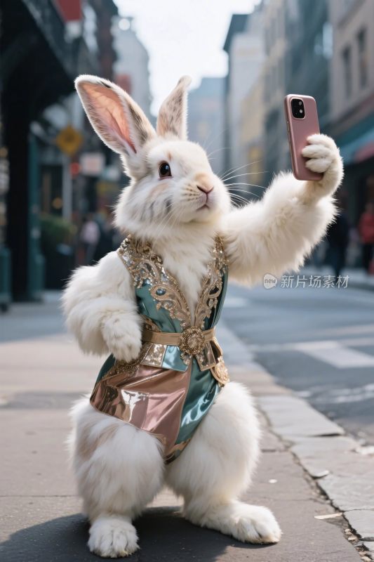 拟人化兔子街头自拍