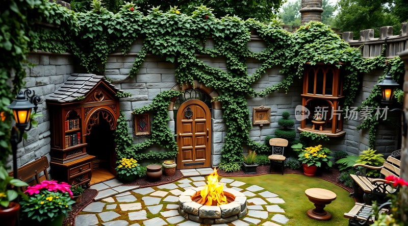 神秘小院绿意盎然温馨壁炉静谧时光
