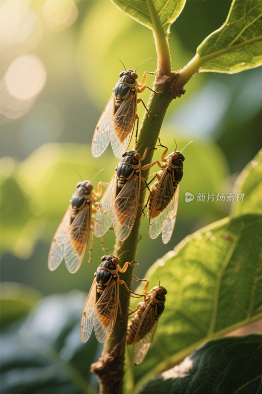 蝉群栖息在树枝上