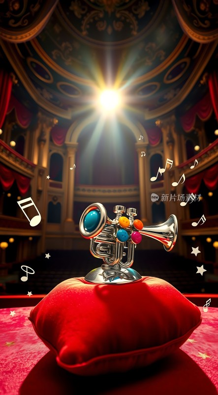 音乐盛宴舞台上的银色喇叭与红色枕头