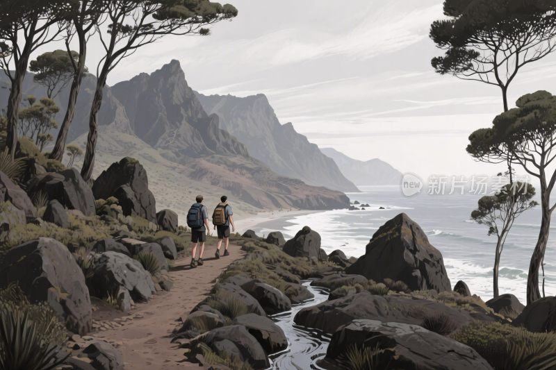 海边山林徒步插画