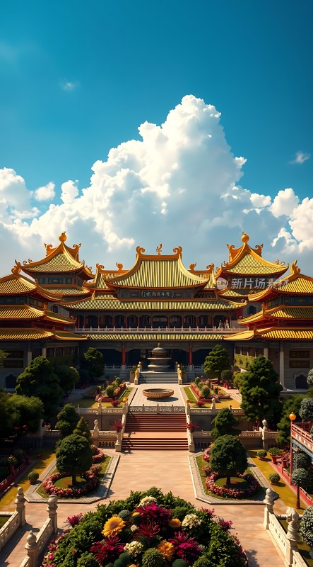 东方宫殿金碧辉煌绿树成荫蓝天白云映衬下更显壮丽