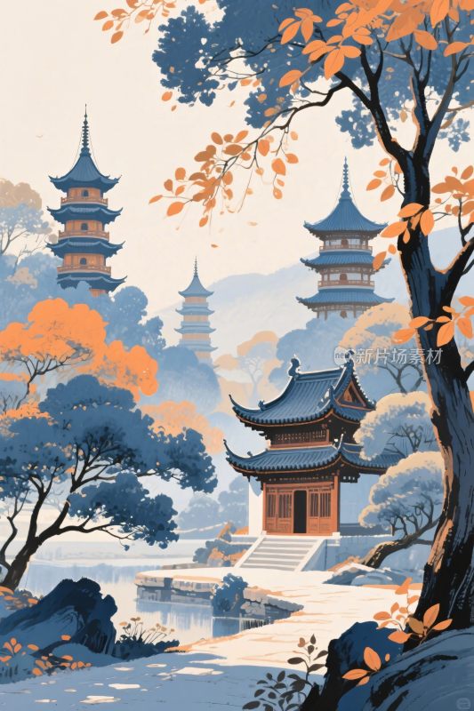 古风山水古建插画