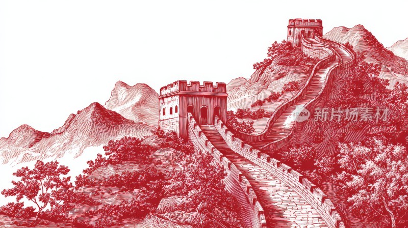 红色线条勾勒的长城