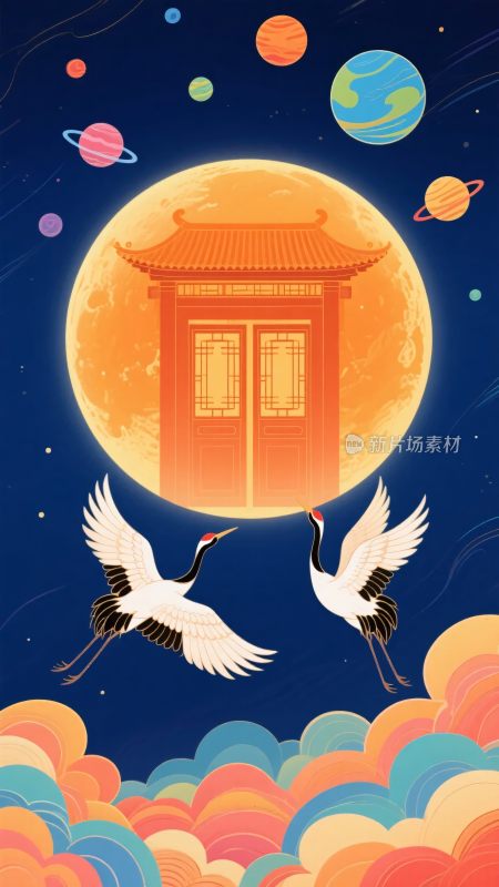 中秋双鹤伴月国风插画