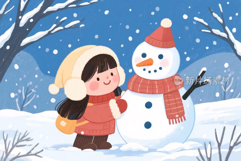 女孩雪人与冬雪插画