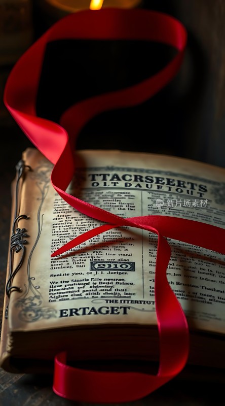 红色丝带与古旧书籍的结合展现了一种古典而优雅的氛围