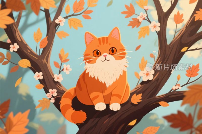 秋日枝头橘猫插画