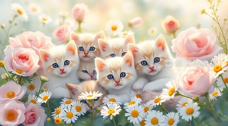 五只小猫在花丛中嬉戏玩耍