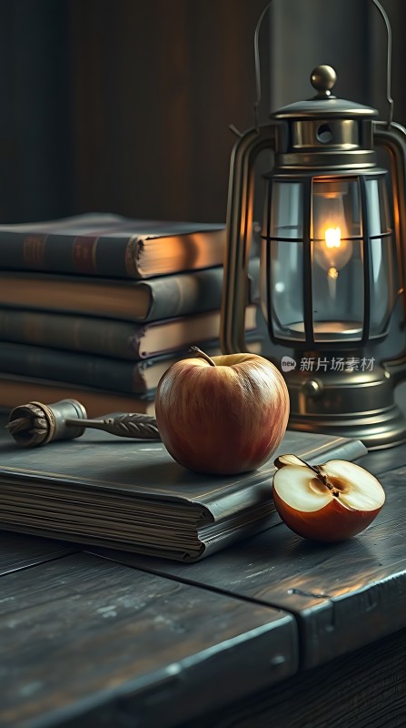 昏黄灯光下的苹果与书籍