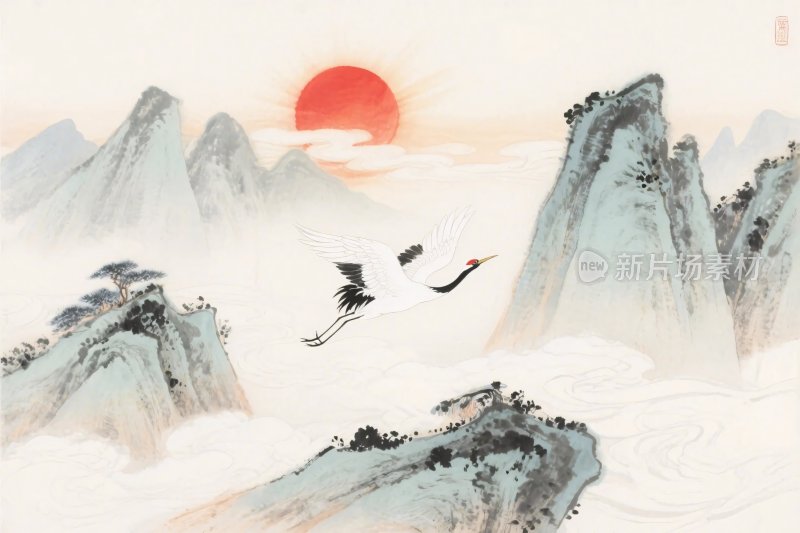 山水飞鹤传统国画