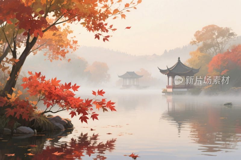 秋景山水园林古亭