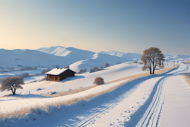 雪景房屋和树木高清风景图片