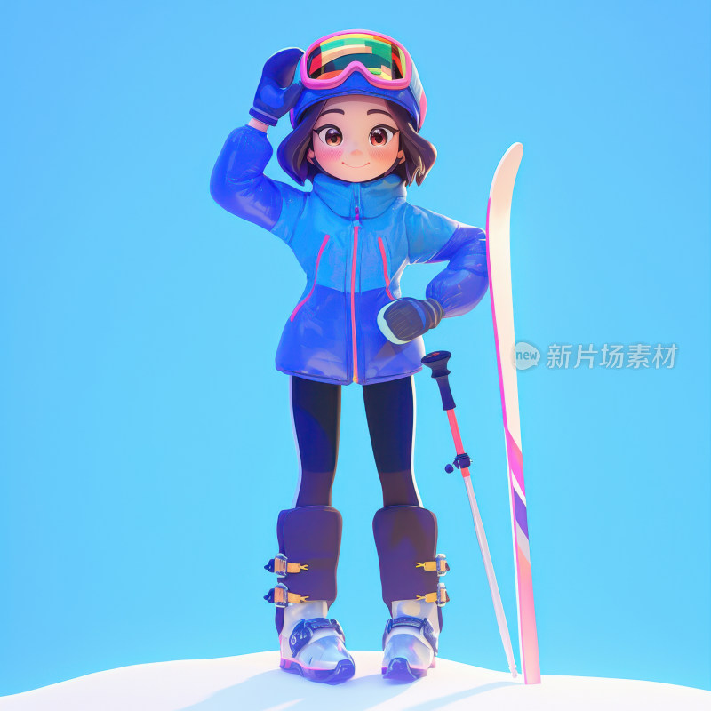 冬季雪地滑雪的女孩3D卡通人物插画