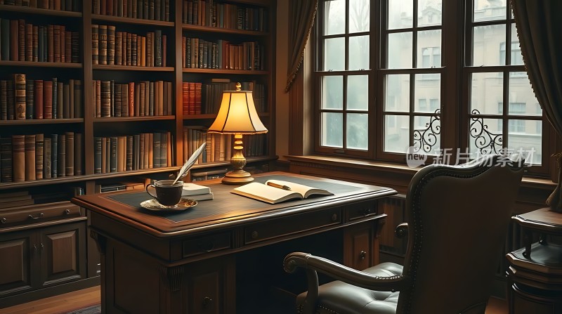 书房一角书桌、台灯与书籍营造静谧氛围