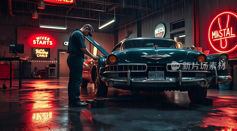 雨夜车库里的经典汽车维修