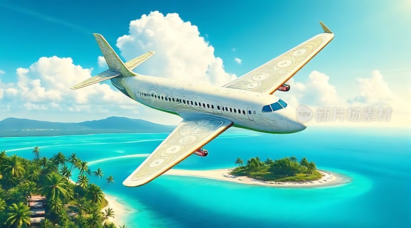 蓝天白云下的飞机飞越热带岛屿