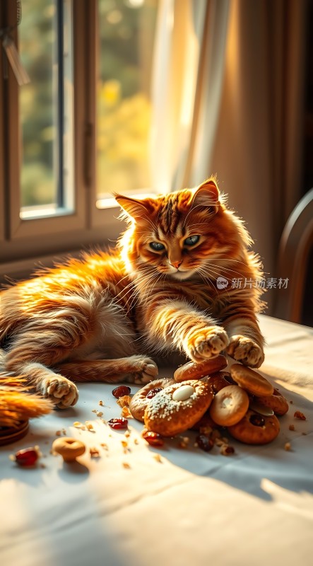 阳光下的橘猫与甜点