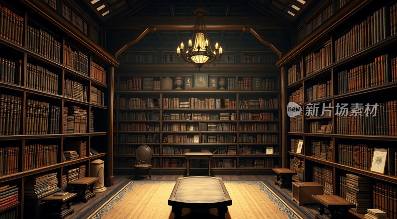 古老图书馆里的神秘书架与桌椅