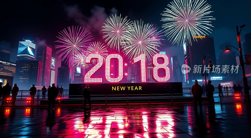 新年烟花绽放城市高楼璀璨迎接2018的到来
