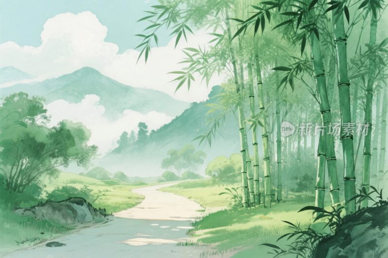 山水竹林风景插画