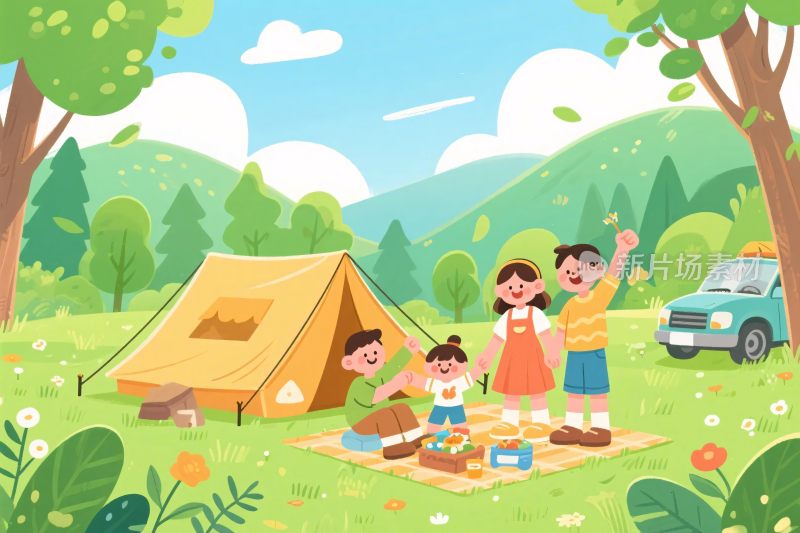 一家人户外露营欢乐场景