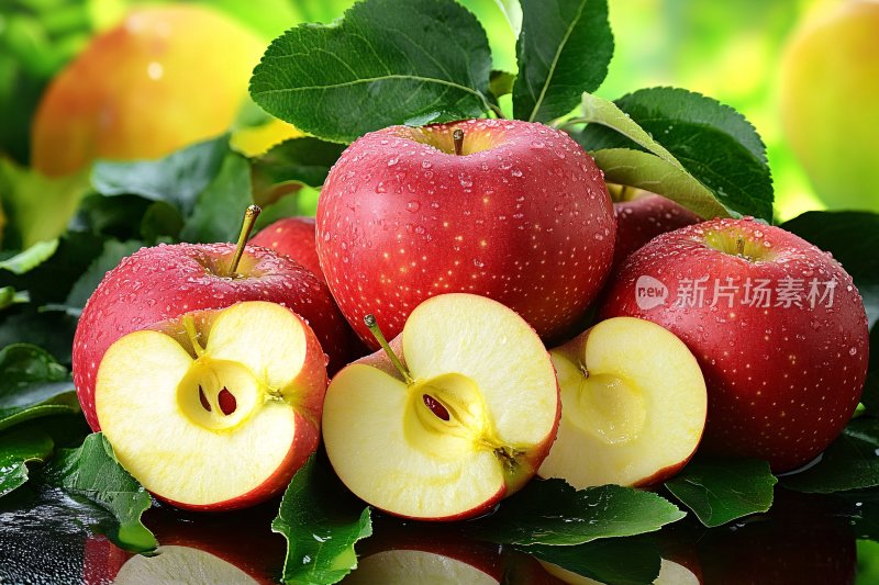新鲜红苹果与绿叶组合