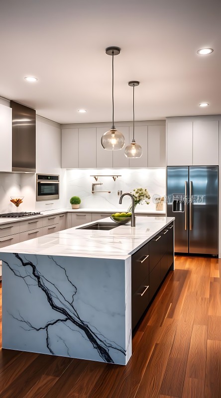 现代厨房设计大理石岛台与不锈钢冰箱