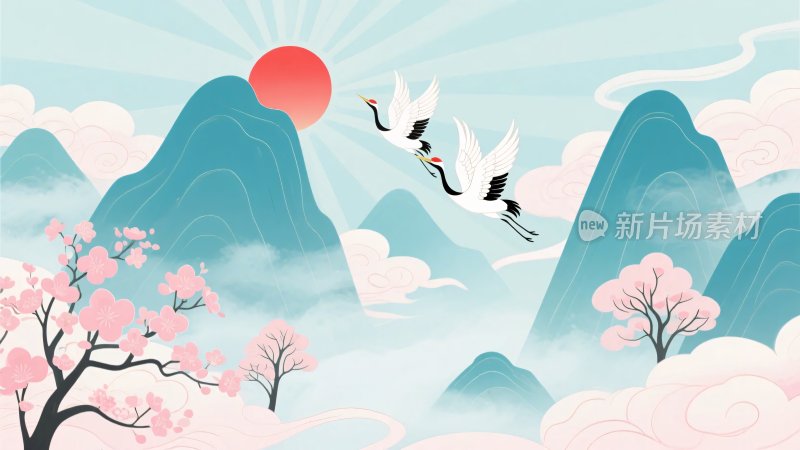 山水间双鹤伴日飞翔插画