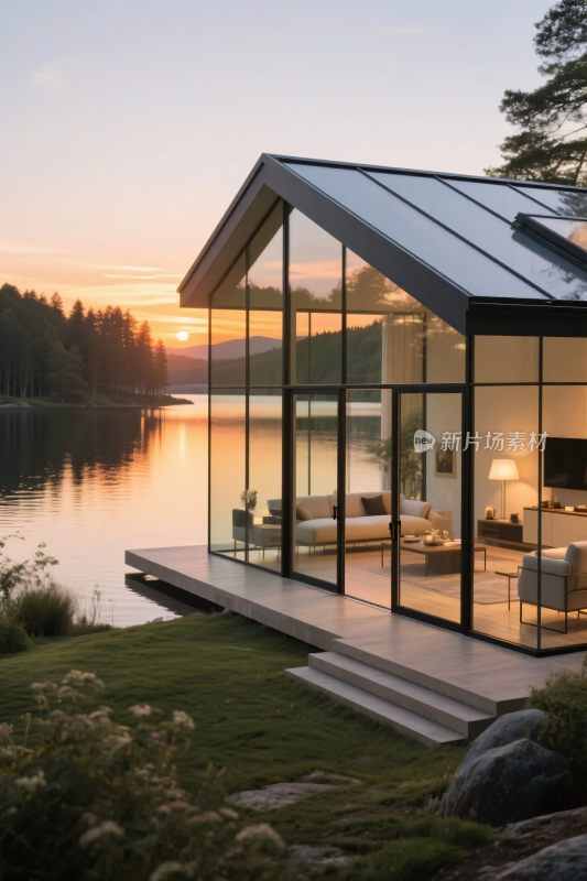 湖边玻璃住宅风景