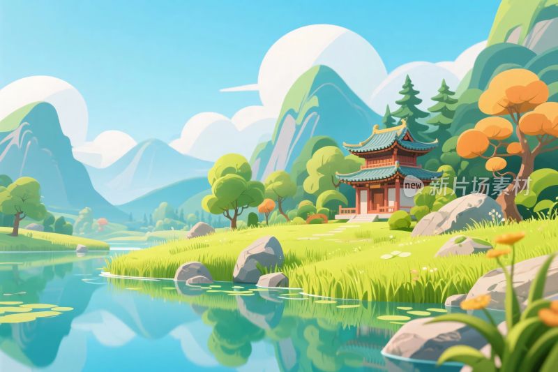 山水古亭风景插画