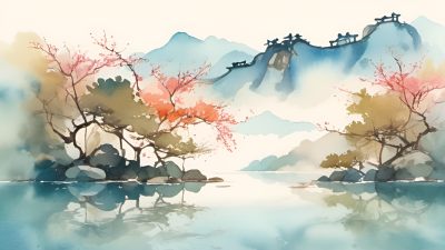 中国画 山水画水彩画 中国风意境中国山水