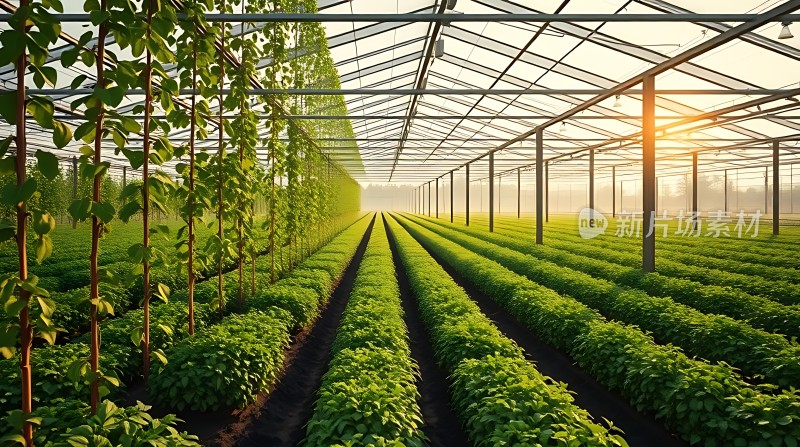 阳光下的绿色大棚蔬菜种植基地