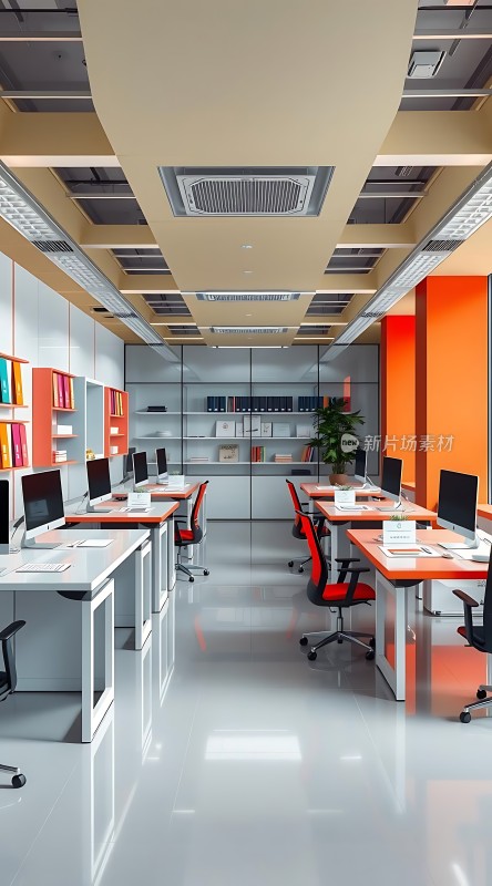 明亮现代办公室空间橙色墙面与白色书架相映成趣整洁有序的工作环境展现高效办公氛围