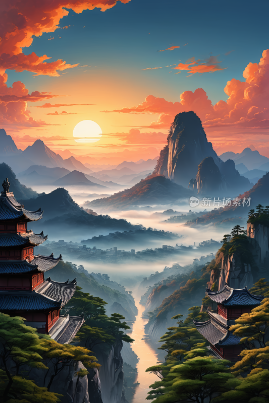 山水一江的风景高清插画图片