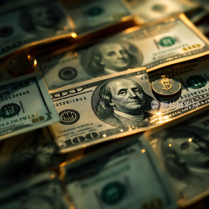 百元美钞与比特币硬币的结合