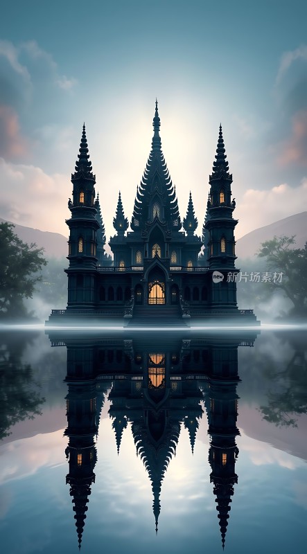 神秘古堡倒影湖畔梦幻景象引人入胜