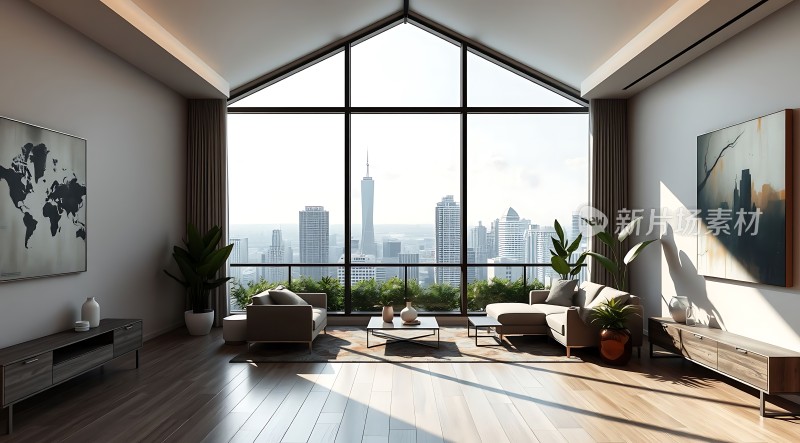 现代客厅全景落地窗俯瞰城市天际线简约家具与自然光线完美融合