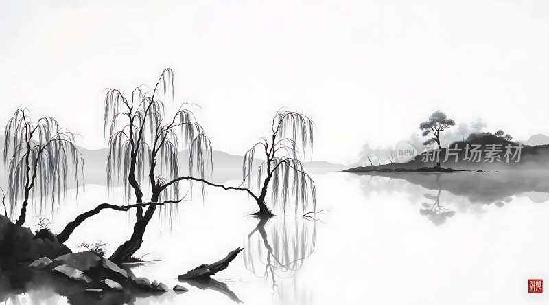 湖畔柳影映水波