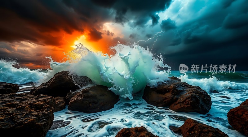 海浪拍岸夕阳下的风暴奇观