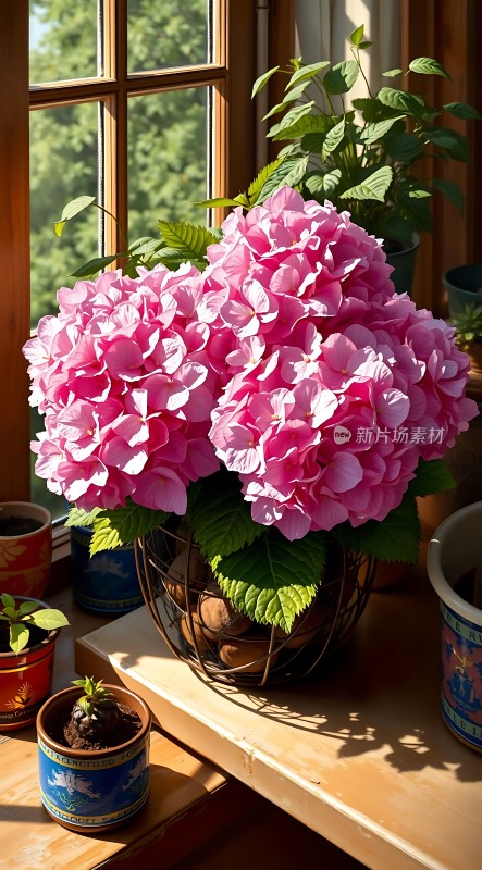 阳光下的粉色绣球花