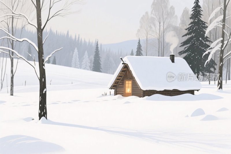 冬日雪景木屋插画