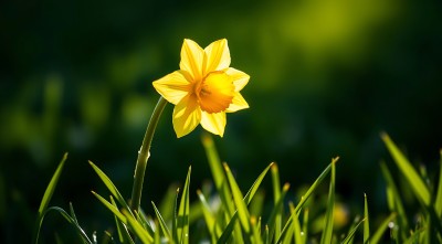 阳光下的黄色水仙花在绿草中绽放 阳光下的黄色水仙花在绿草中绽放