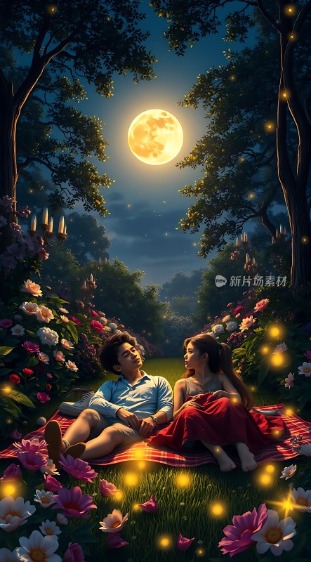 月下花丛中浪漫约会