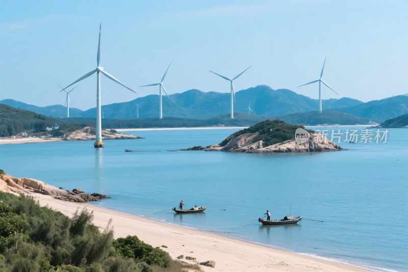 海边风车与渔船风景