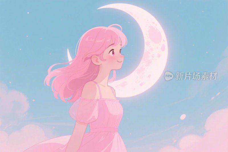 粉色长发女孩与月亮插画