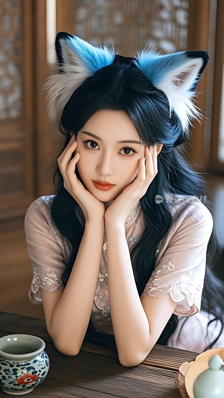 蓝发少女狐耳头饰优雅姿态古典茶具神秘氛围