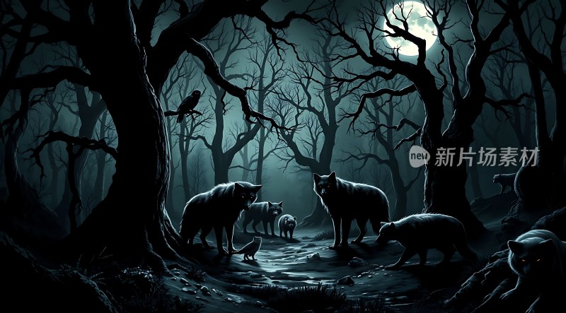 狼群在月光下的森林中徘徊